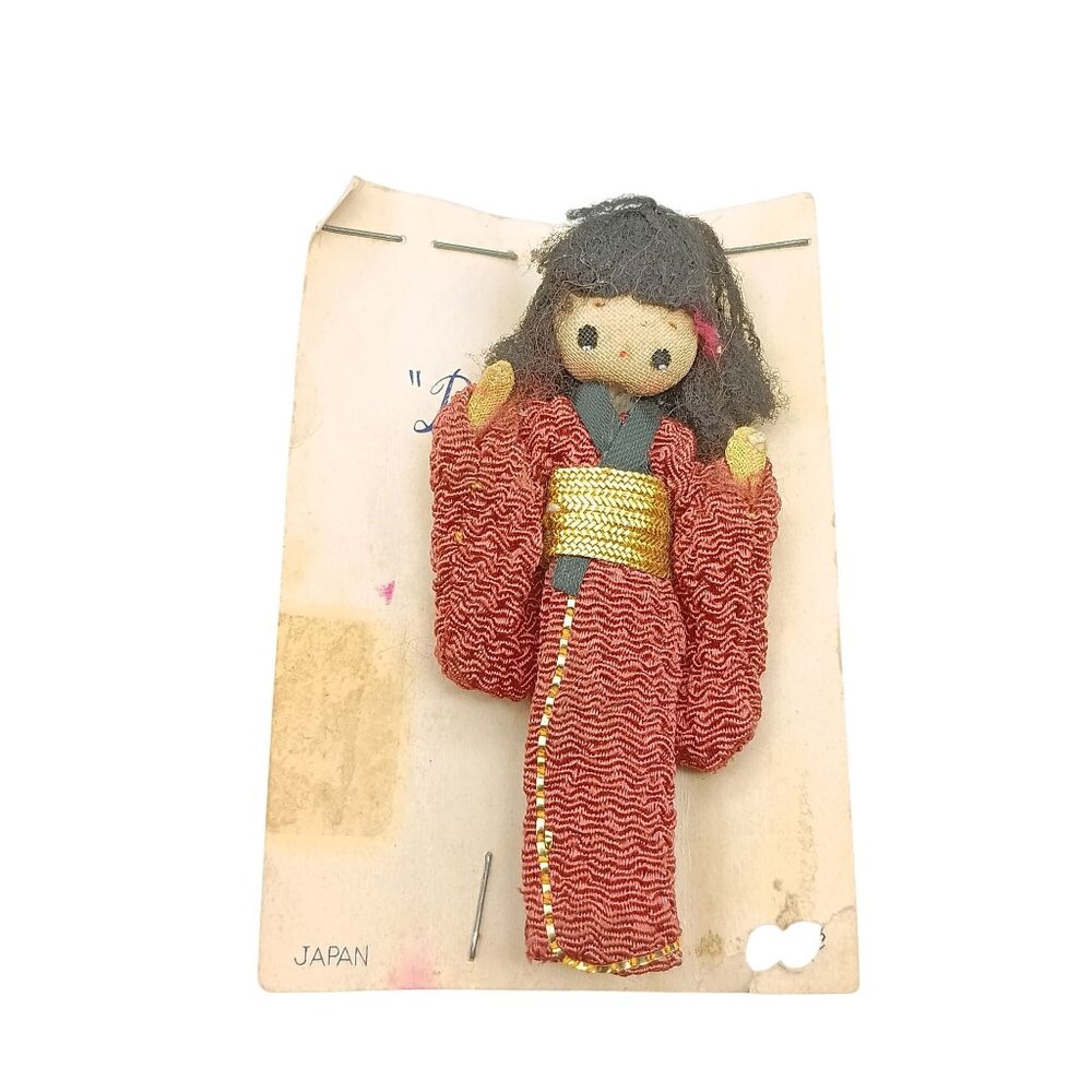 Vintage Japanese Handmade Kimono Doll Brooch with Gold Obi & Original Backing